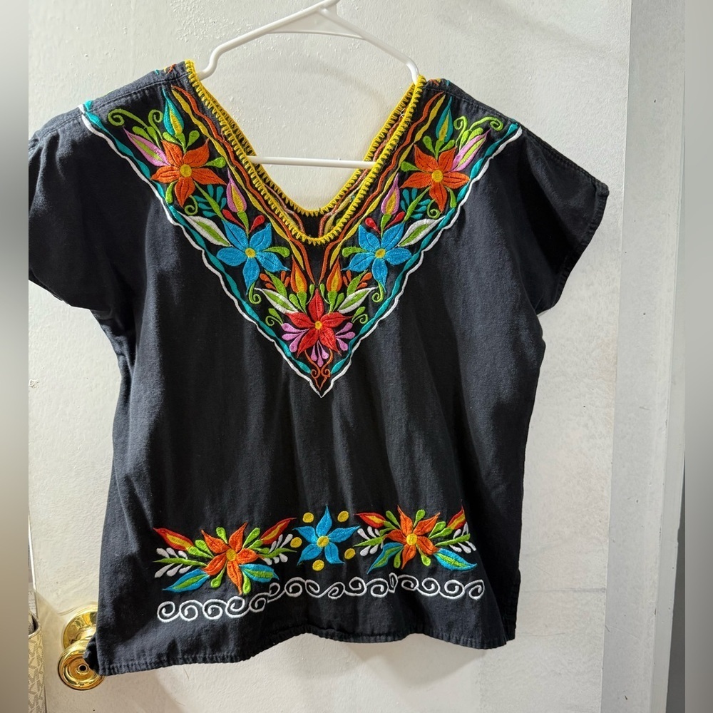 Embroidered Black Top with Floral Design